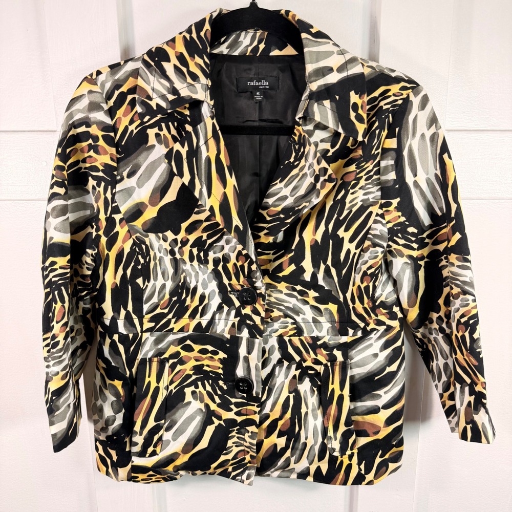Rafaella Petite Animal Print Blazer Yellow Black Abstract Two Button Jacket S